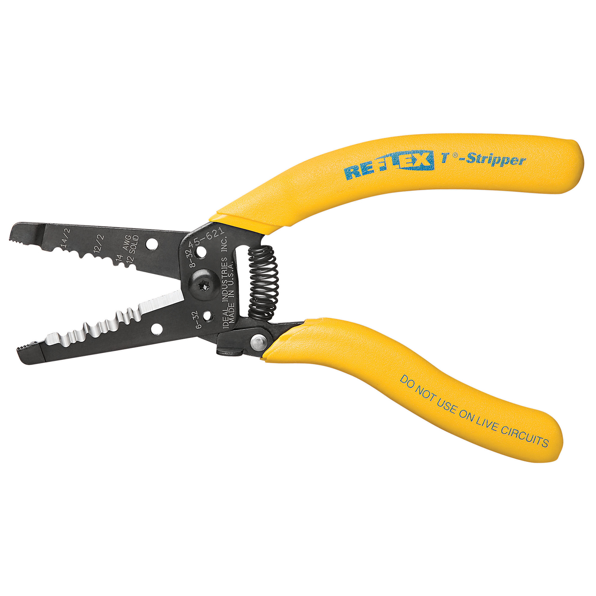 IDEAL, Reflex™ Super T®-Stripper Wire Strippers Dual NM 12/2 and 14/2, accurate stripping of 12/2 and 14/2 non-metallic cable, ERGONOMIC DESIGN, MADE IN THE USA, Shear-cut 6/32 and 8/32 bolt cutter holes, 45-621